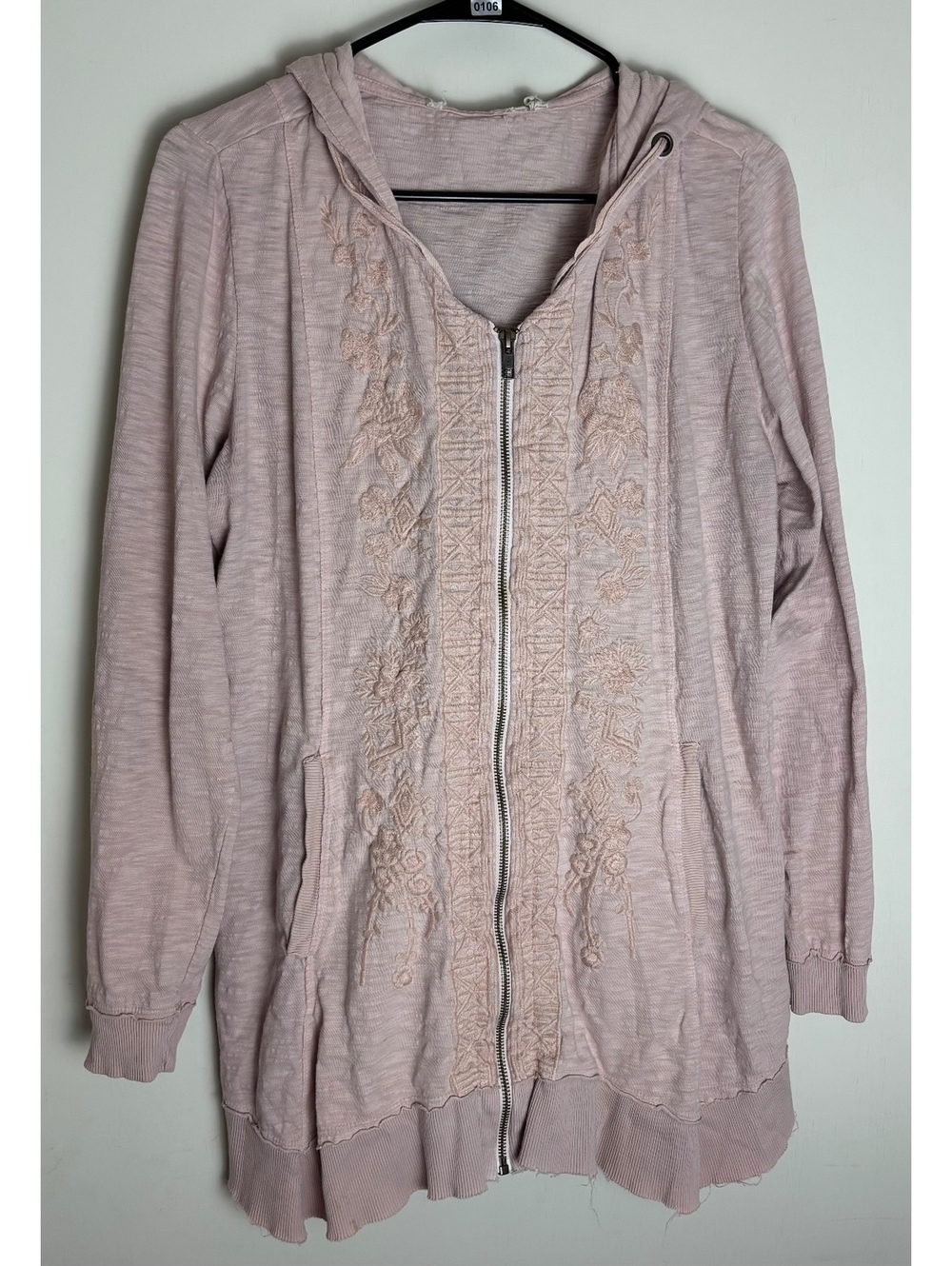 Boho Embroidered Hooded Zip Up Jacket Pink Longline Hoodie Women’s L